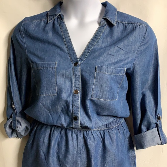 JACK women’s M blue chambray snap button down tab sleeves denim romper. - Picture 7 of 8